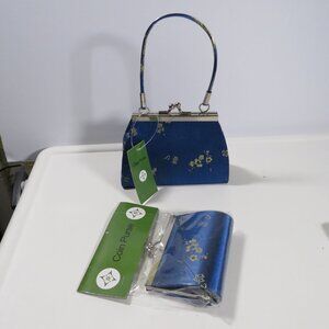 Silk Cobalt Blue Floral Purse & Coin Purse with metal clasp 1990s Bag